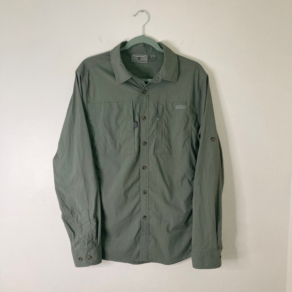 Rugged Elements Green Long Sleeve Convertible Hiking Utility Shirt Size Medium
